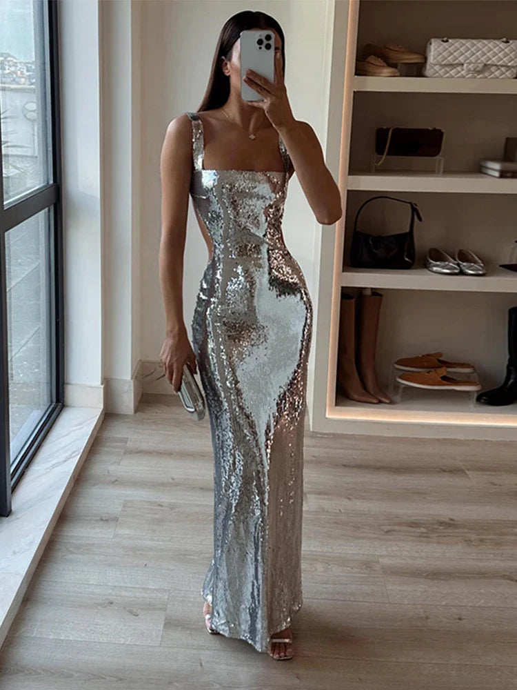 Supreme Silver Maxi Evening Dress