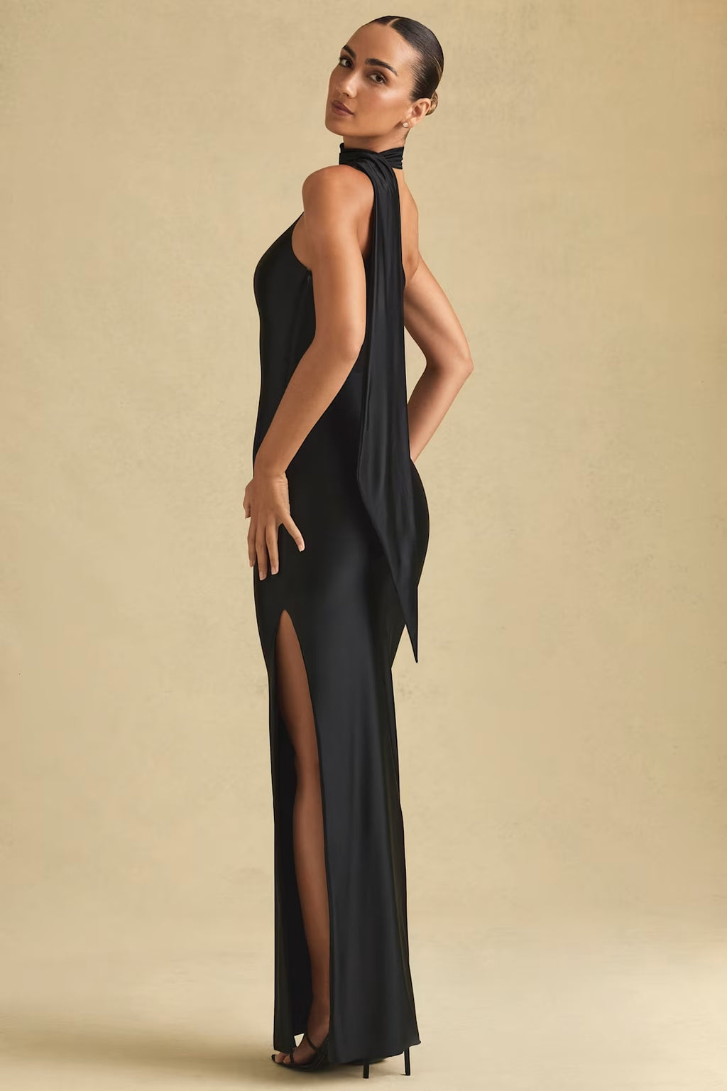 Dolores Asymmetric Scarf-Detail Maxi Dress in Soft Pink