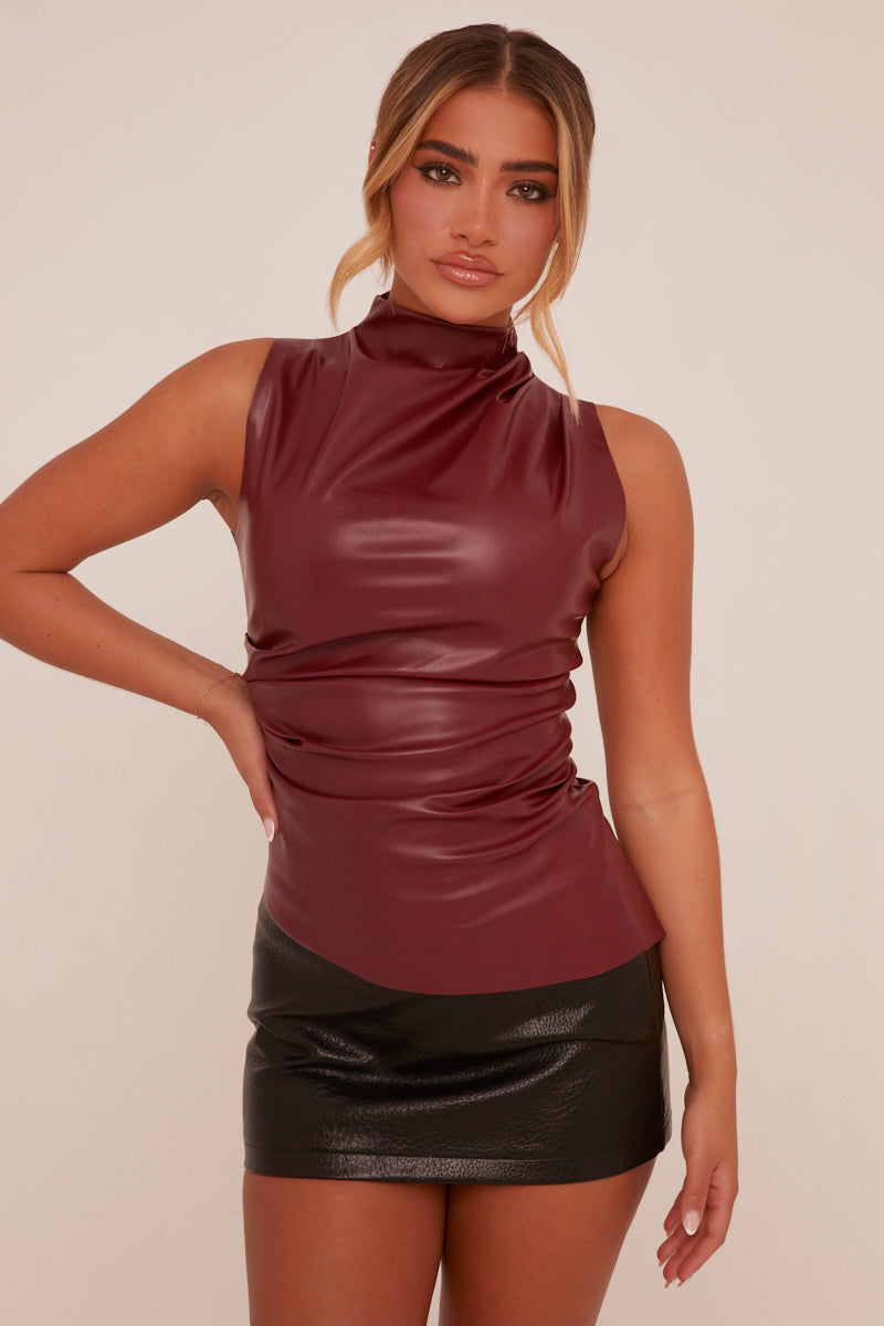 Danicia Burgundy Leather Ruched Top