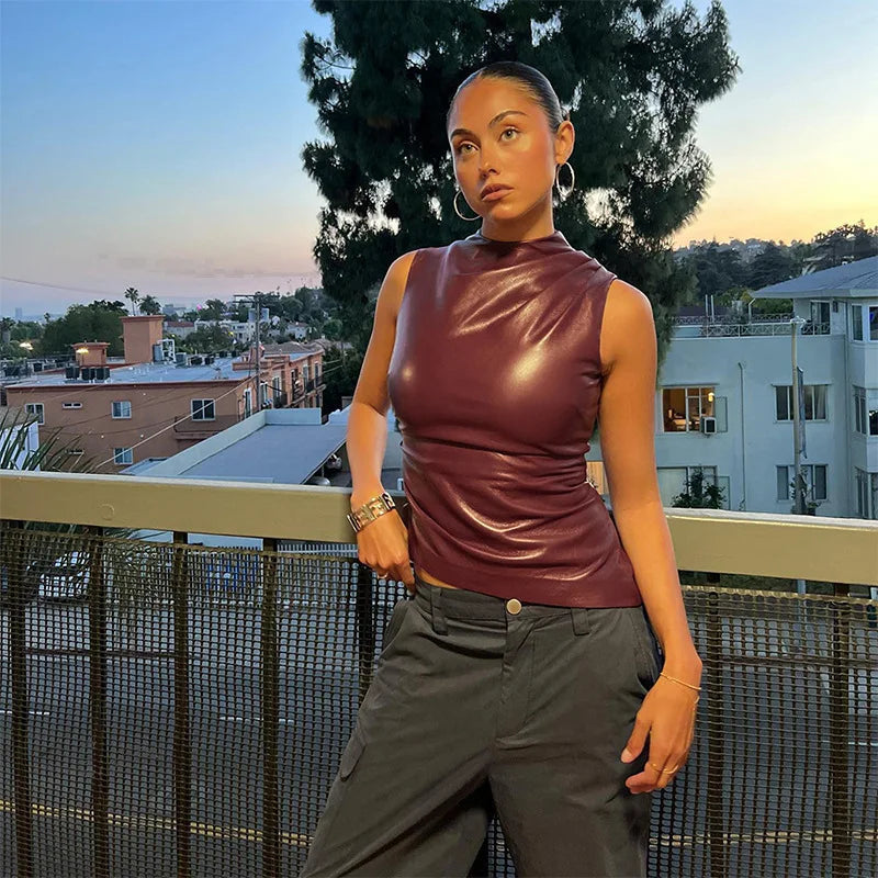Danicia Burgundy Leather Ruched Top