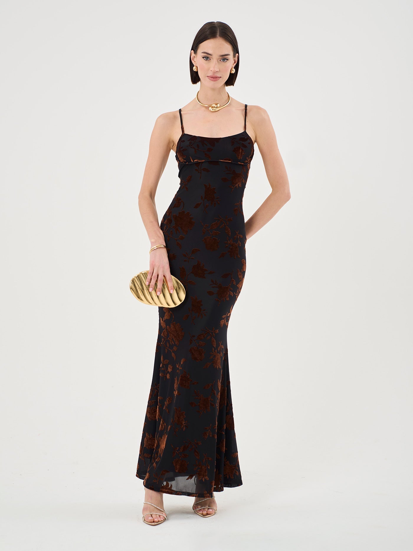 Strappy Floral Burnout Maxi Dress In Rust