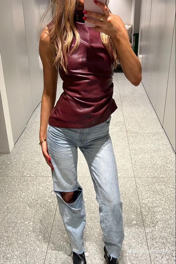 Danicia Burgundy Leather Ruched Top