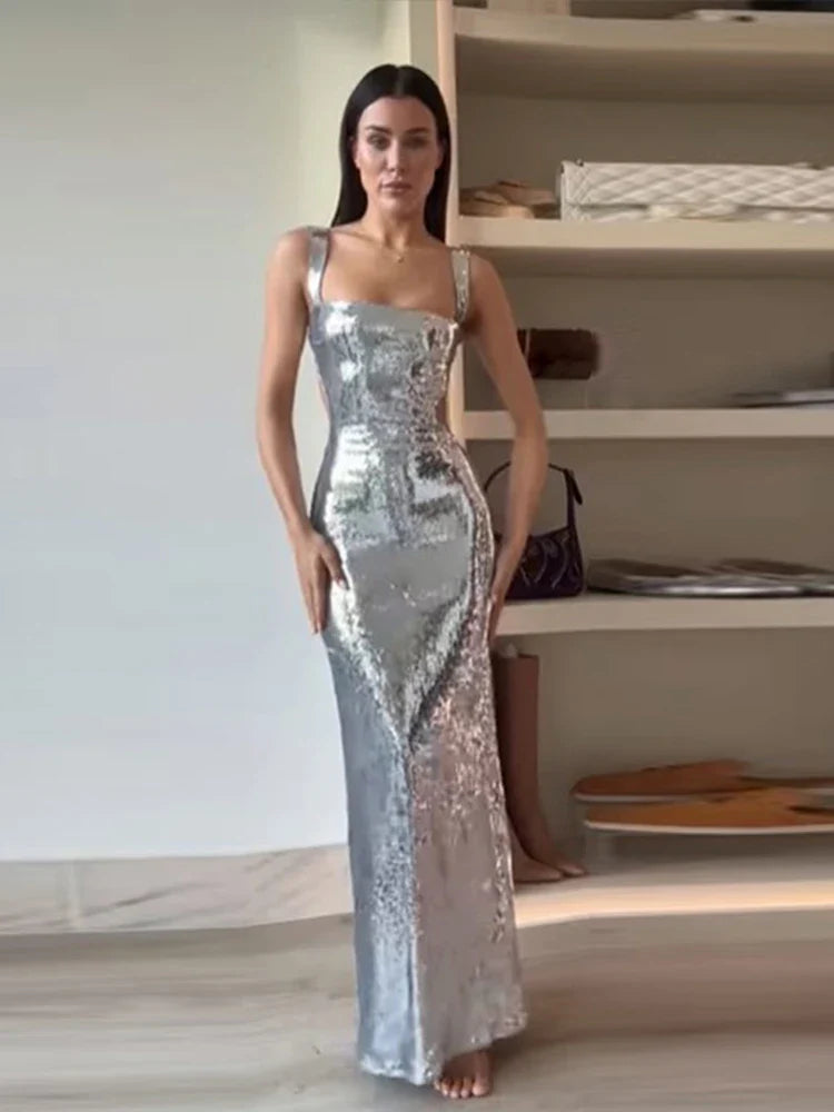 Supreme Silver Maxi Evening Dress