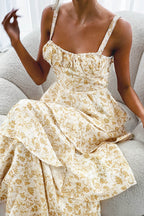 Provence Bloom Tiered Midi Dress Floral Yellow