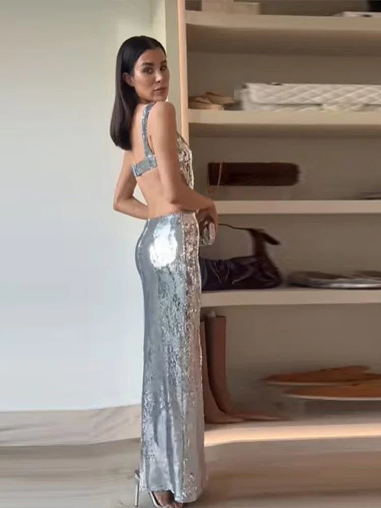 Supreme Silver Maxi Evening Dress