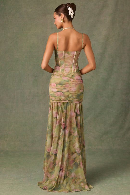 Ruched Asymmetric Corset Gown in Floral Multi Print