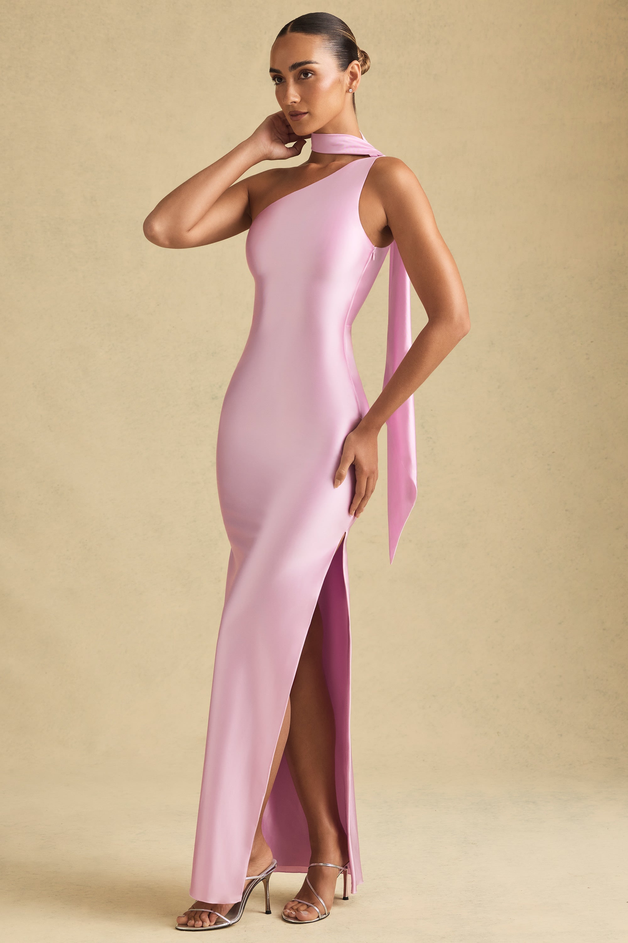 Dolores Asymmetric Scarf-Detail Maxi Dress in Soft Pink