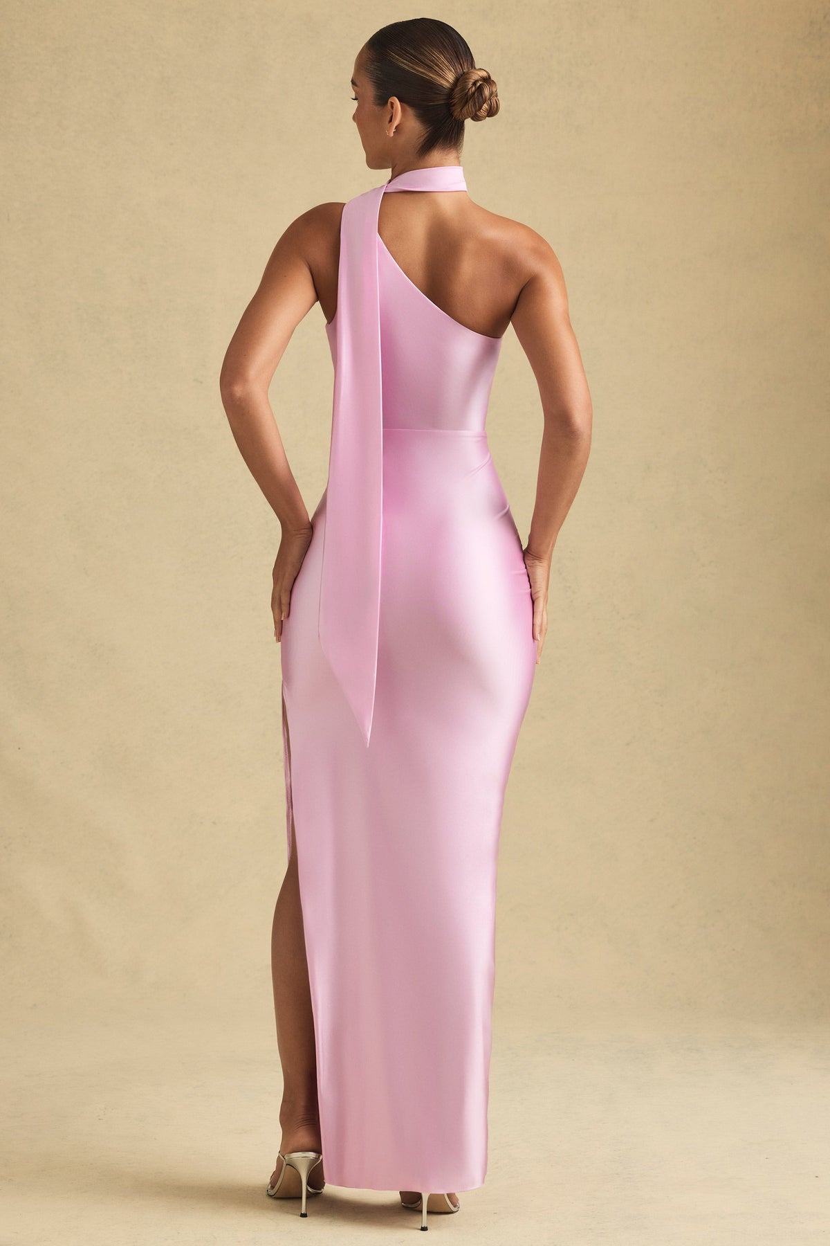 Dolores Asymmetric Scarf-Detail Maxi Dress in Soft Pink