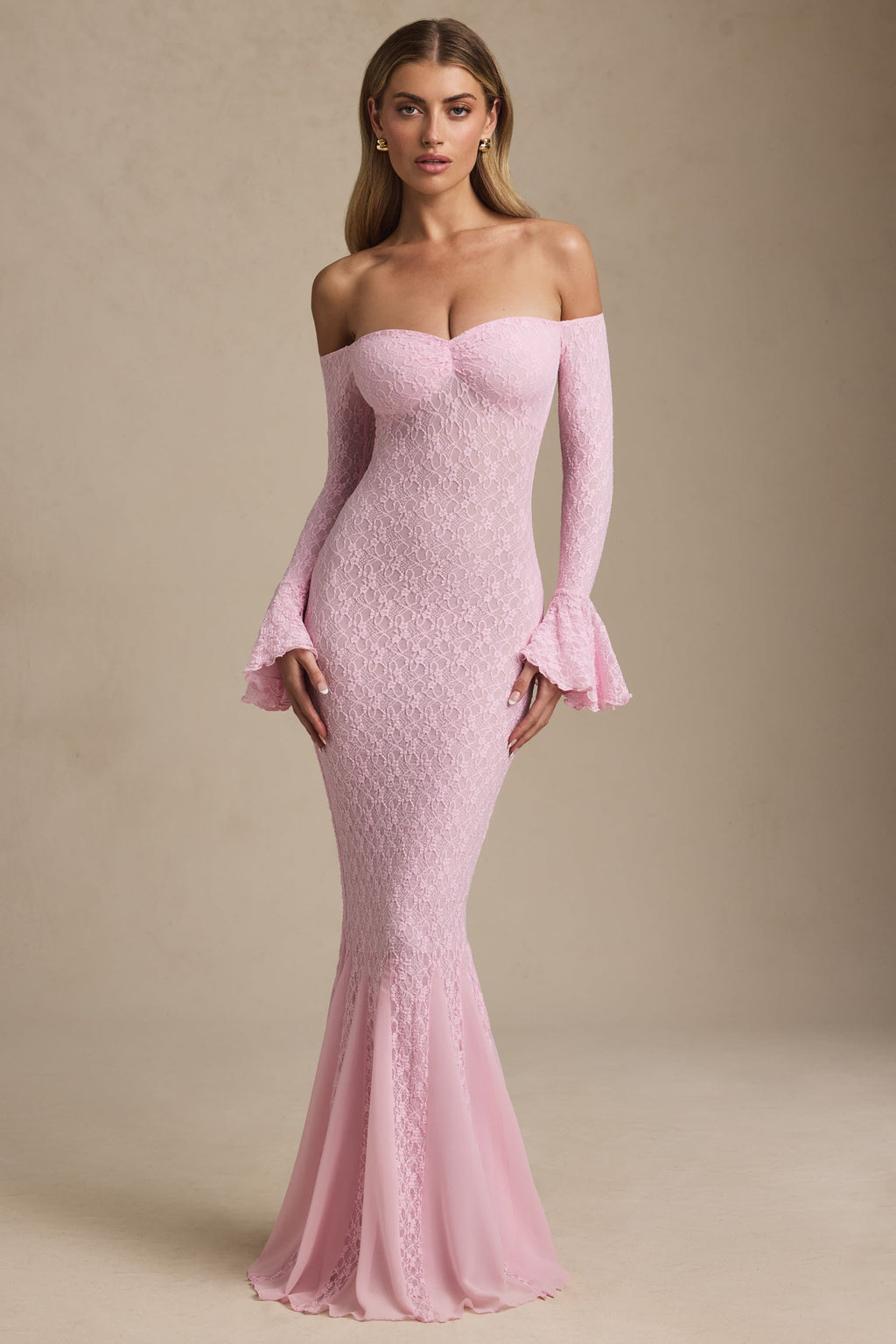 Jasmine Off-Shoulder Ruffle Lace Maxi Dress in Soft Pink