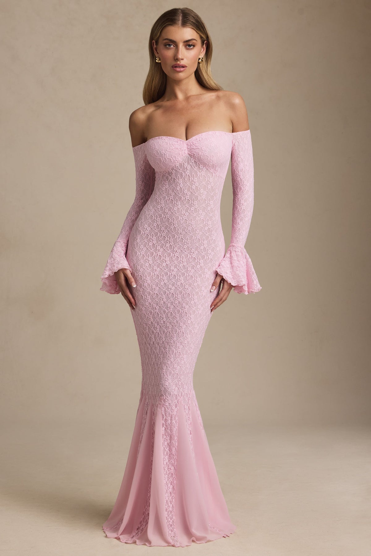 Jasmine Off-Shoulder Ruffle Lace Maxi Dress in Soft Pink