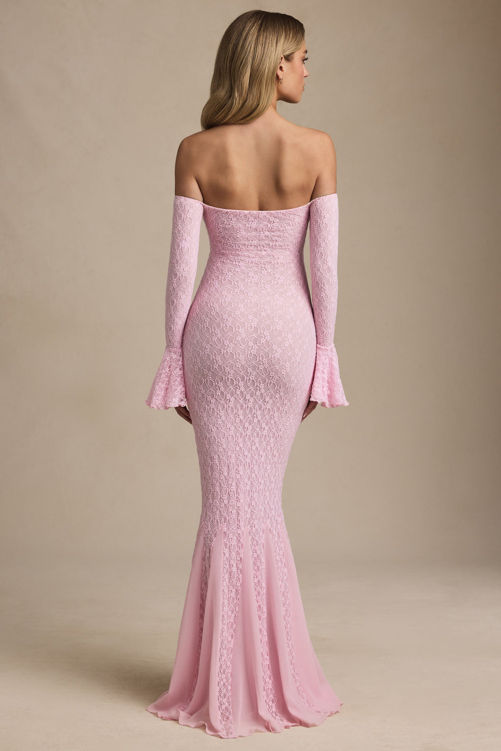 Jasmine Off-Shoulder Ruffle Lace Maxi Dress in Soft Pink