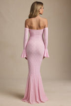 Jasmine Off-Shoulder Ruffle Lace Maxi Dress in Soft Pink