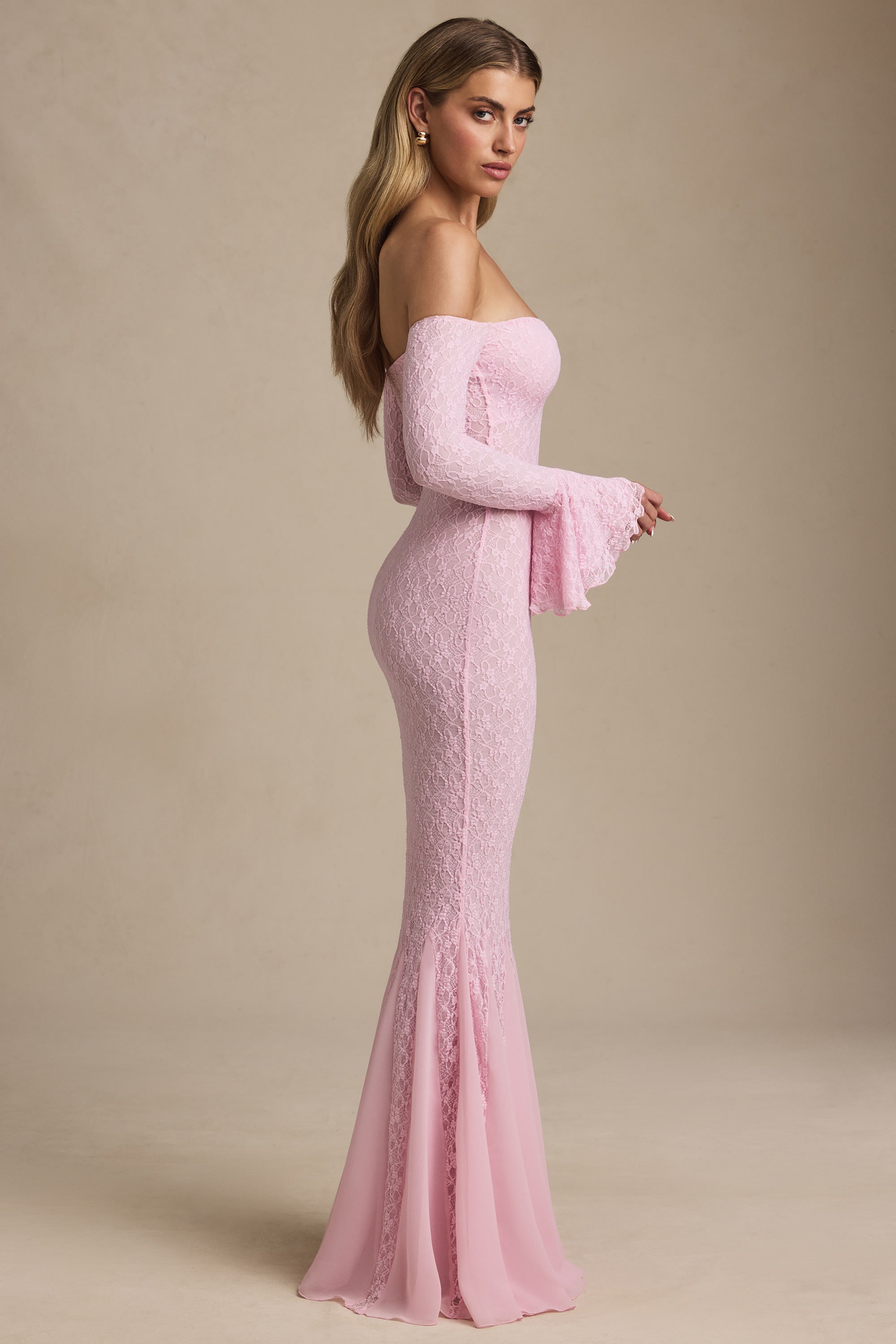 Jasmine Off-Shoulder Ruffle Lace Maxi Dress in Soft Pink