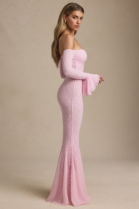 Jasmine Off-Shoulder Ruffle Lace Maxi Dress in Soft Pink