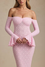 Jasmine Off-Shoulder Ruffle Lace Maxi Dress in Soft Pink