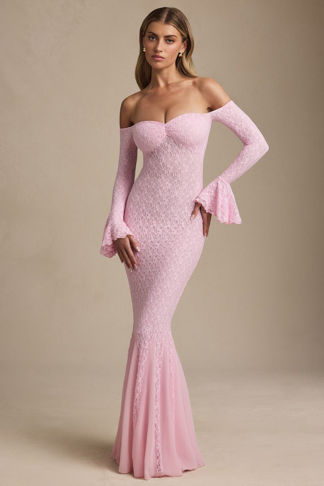 Jasmine Off-Shoulder Ruffle Lace Maxi Dress in Soft Pink
