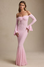 Jasmine Off-Shoulder Ruffle Lace Maxi Dress in Soft Pink
