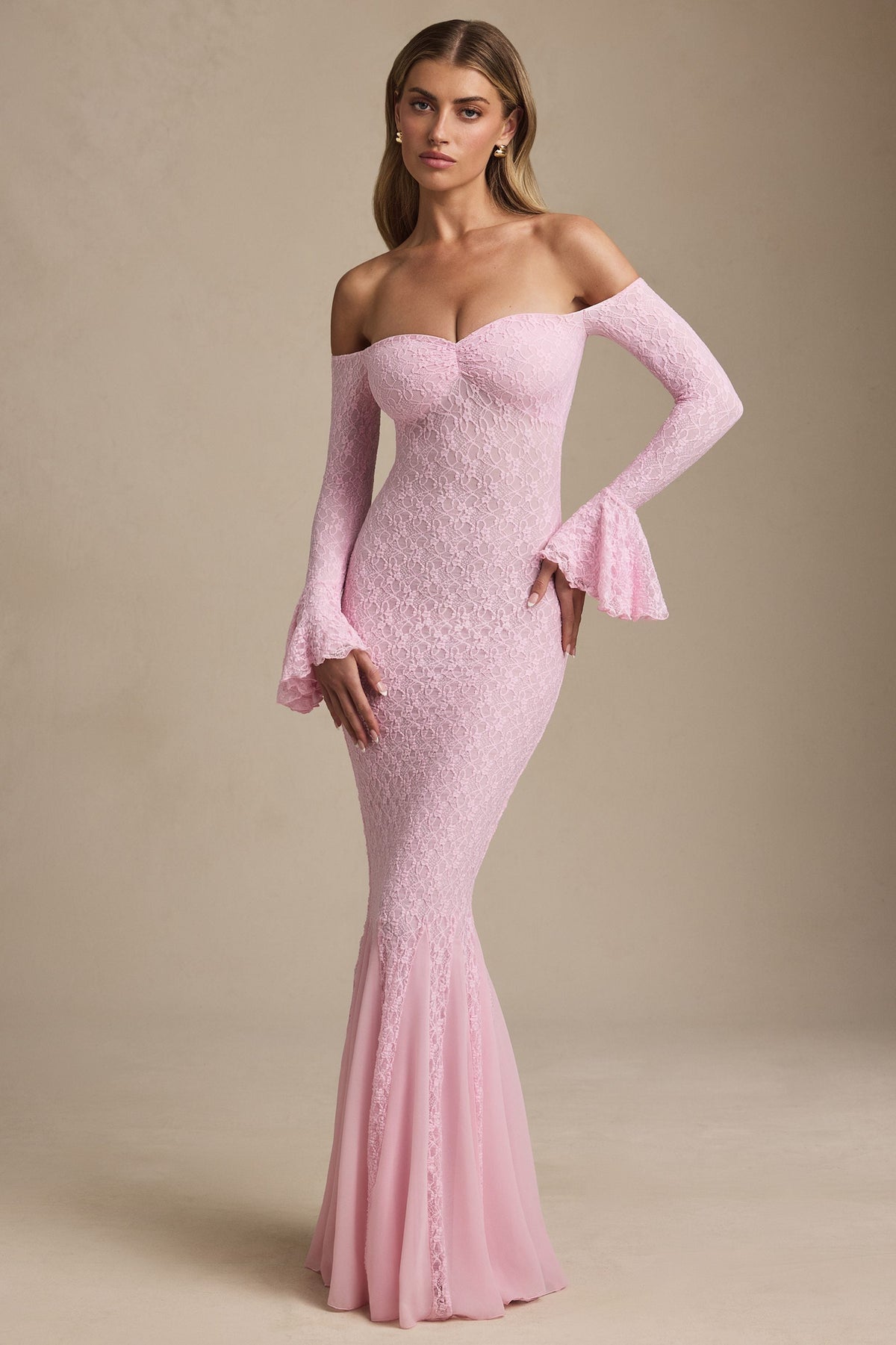 Jasmine Off-Shoulder Ruffle Lace Maxi Dress in Soft Pink