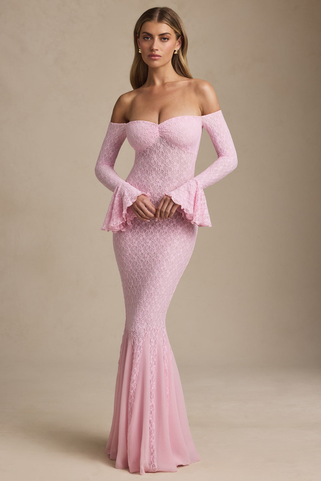 Jasmine Off-Shoulder Ruffle Lace Maxi Dress in Soft Pink