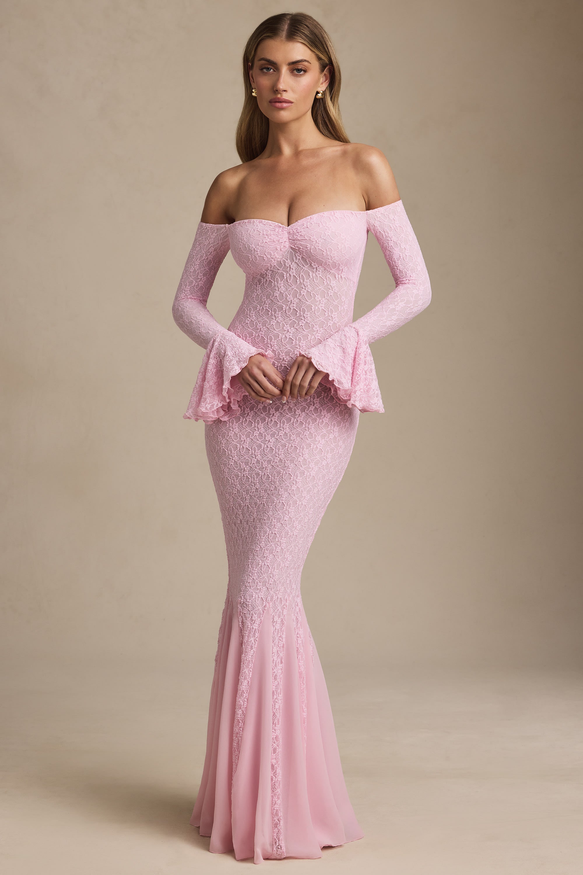 Jasmine Off-Shoulder Ruffle Lace Maxi Dress in Soft Pink