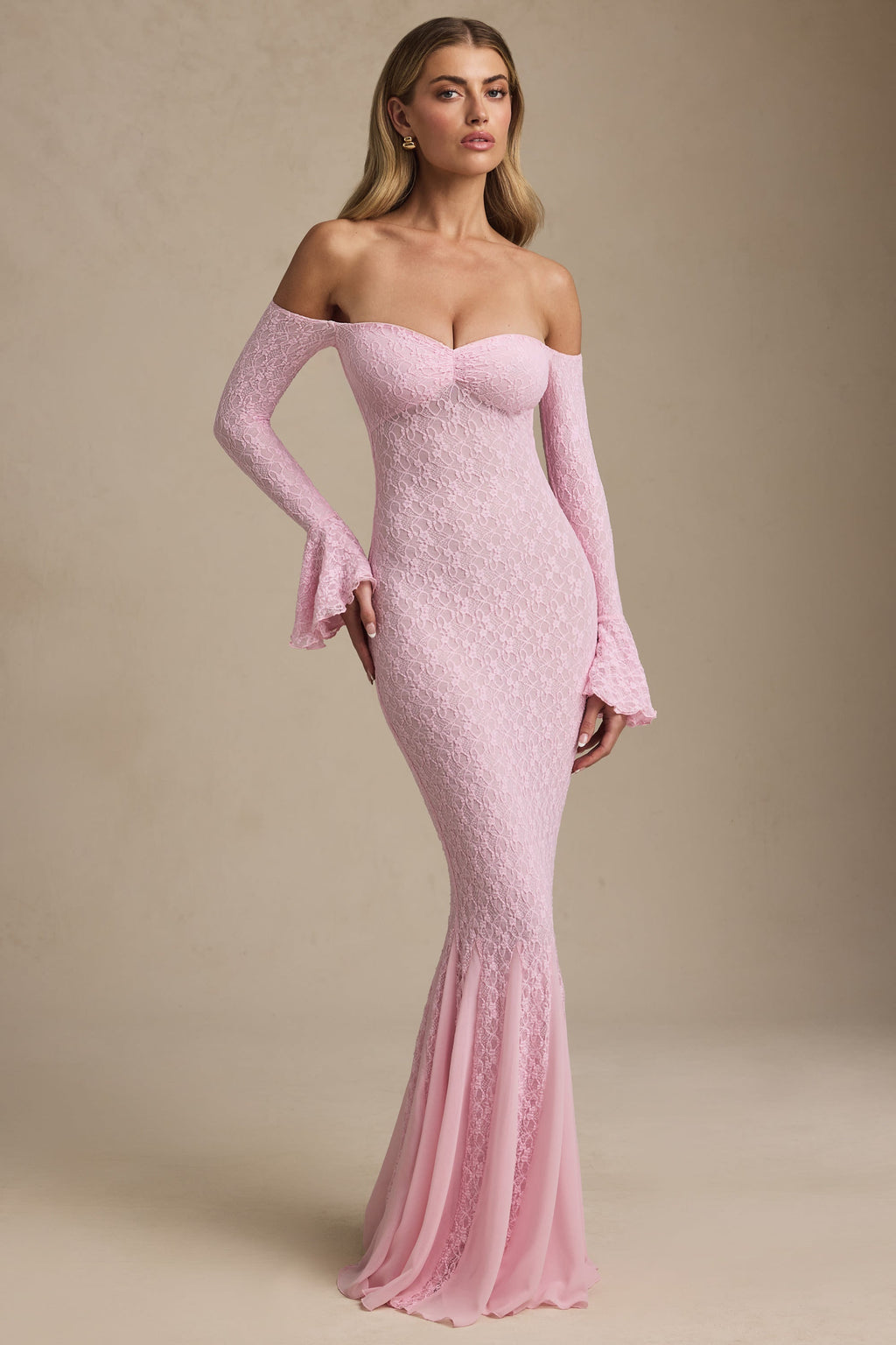 Jasmine Off-Shoulder Ruffle Lace Maxi Dress in Soft Pink