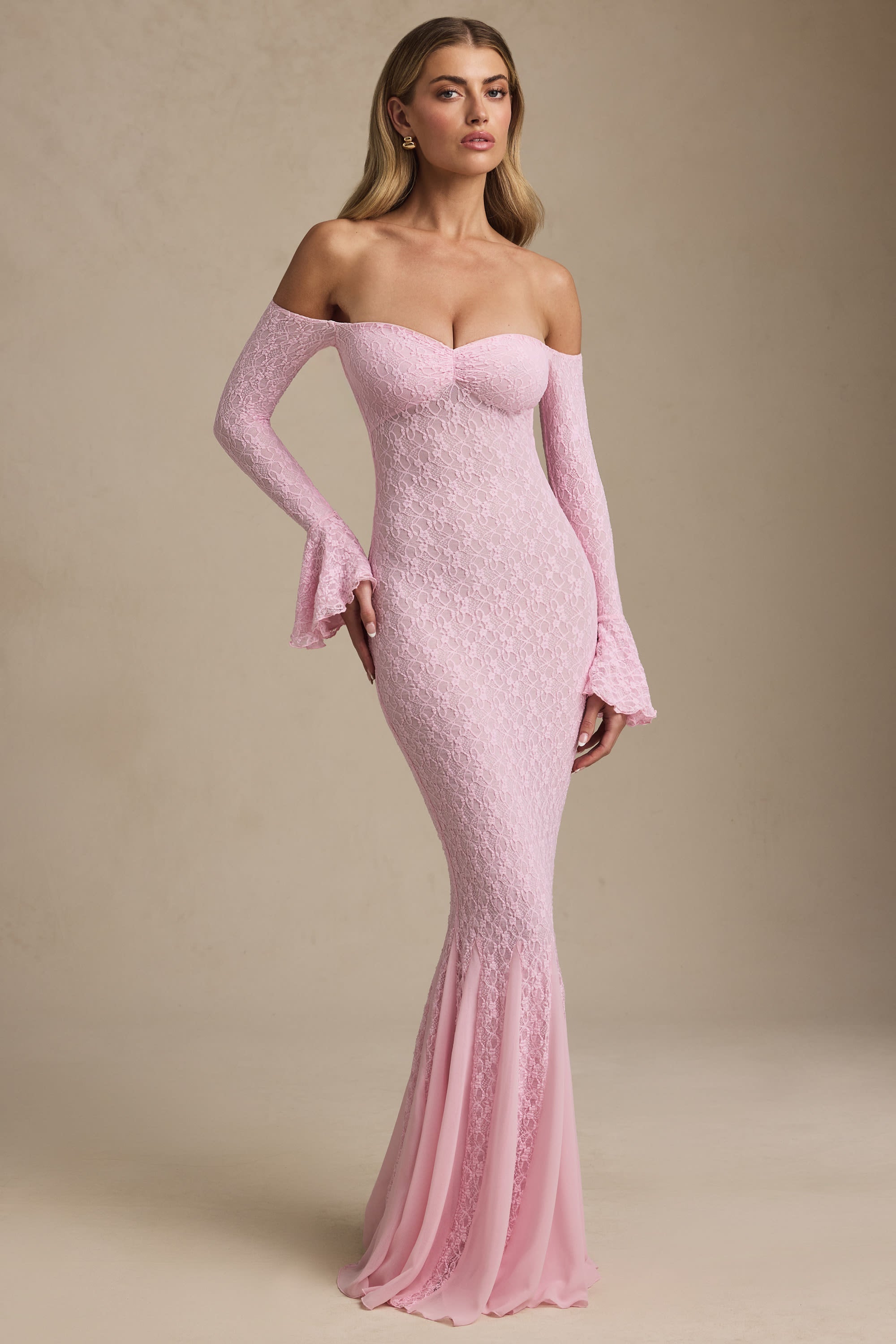 Jasmine Off-Shoulder Ruffle Lace Maxi Dress in Soft Pink