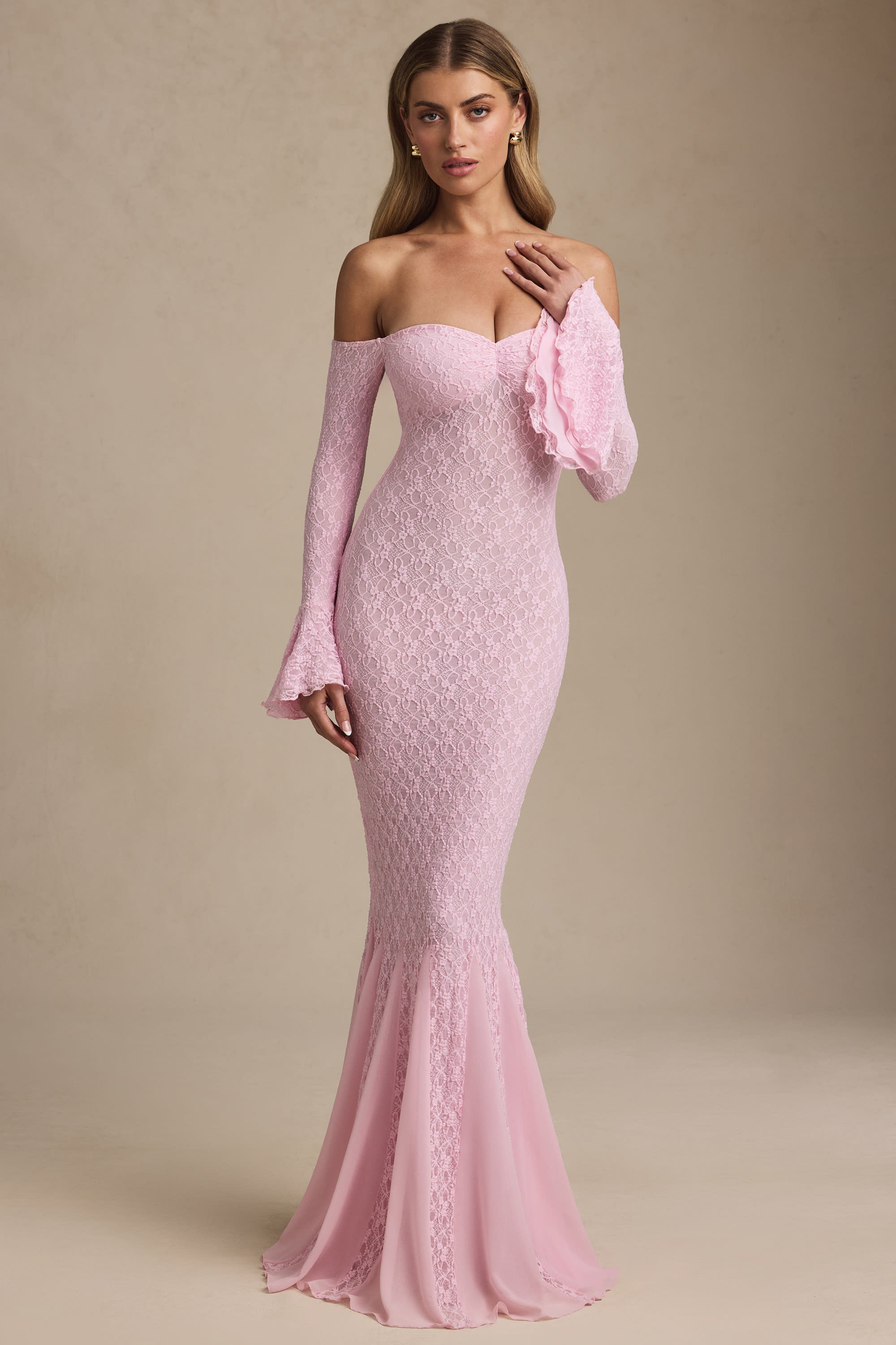 Jasmine Off-Shoulder Ruffle Lace Maxi Dress in Soft Pink